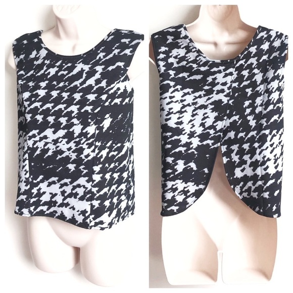 Avon open back houndstooth plaid scoop neck split back pullover sleeveless top - Picture 3 of 13